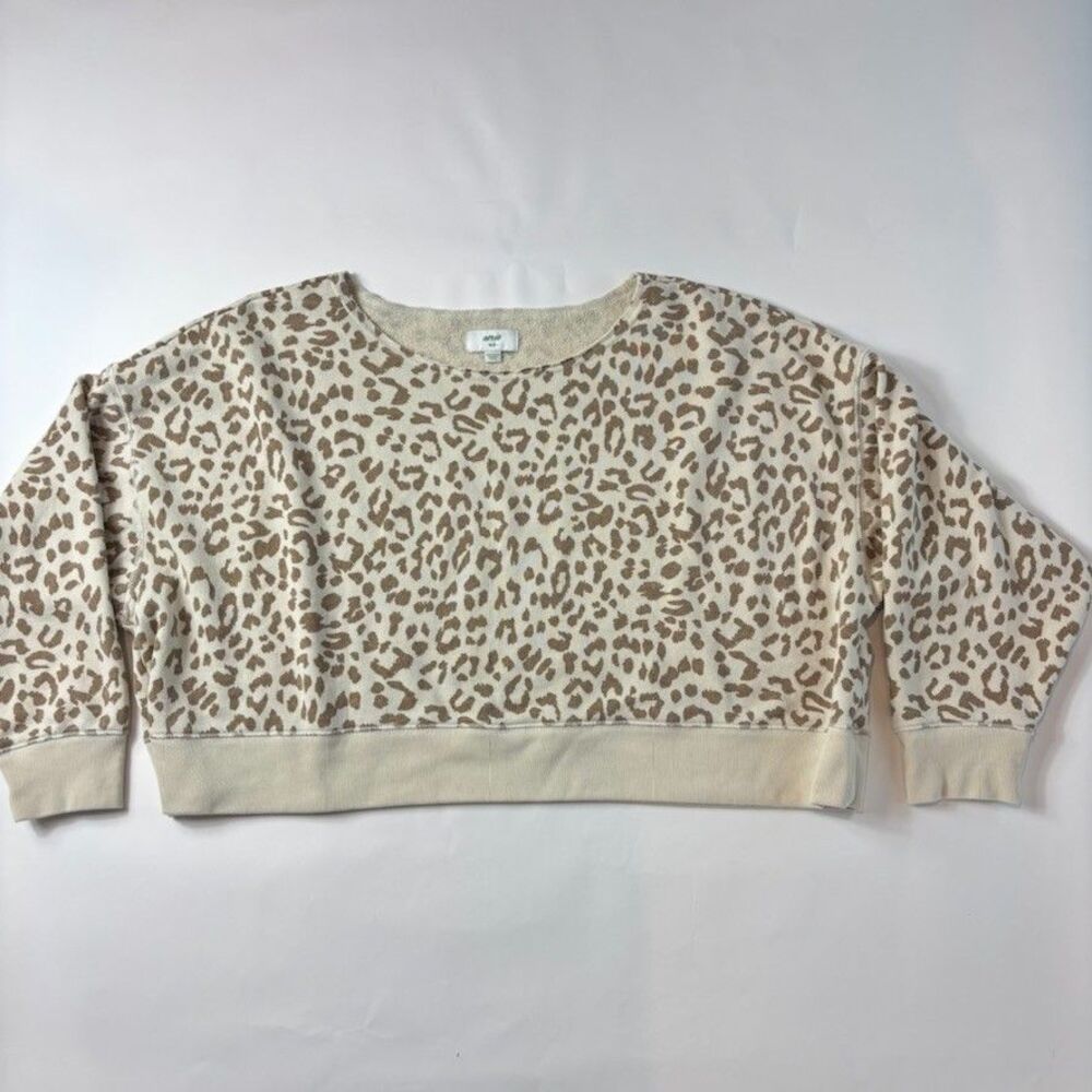Aerie Leopard Animal Print Crew Neck Sweatshirt M Oversized Cropped Tan Womens